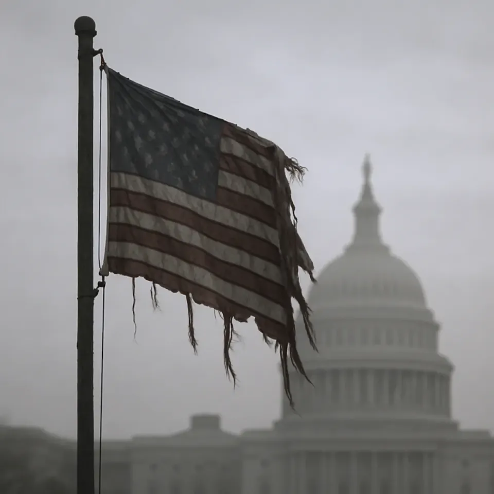 Frayed and tattered American flag on a pole with the blurred US Capitol dome behind it in gray mist, symbolizing the slow erosion of the American republic.