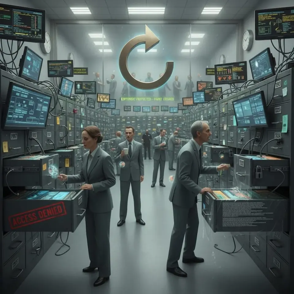 Suited workers open glowing filing cabinet drawers stamped "Access Denied" in a vast office of monitors, wall clocks, and a giant looping arrow symbol