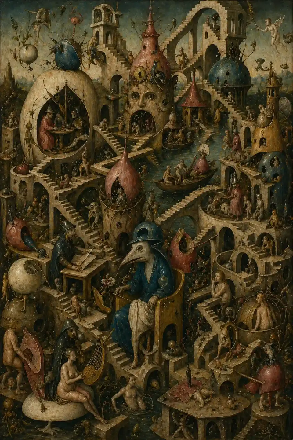 Surreal Bosch-style dreamscape with bird-headed figure on throne, spiraling staircases, domed towers, and fantastical creatures inhabiting a layered city 