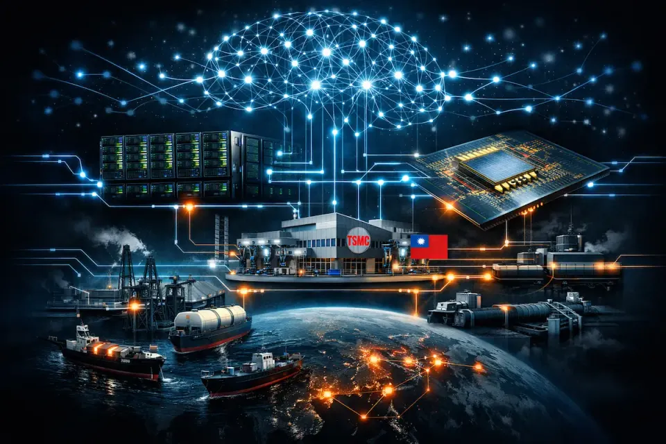 Digital brain linked to data servers, TSMC fab, microchip, oil rigs, cargo ships, and a glowing world map — the fragile infrastructure behind AI.