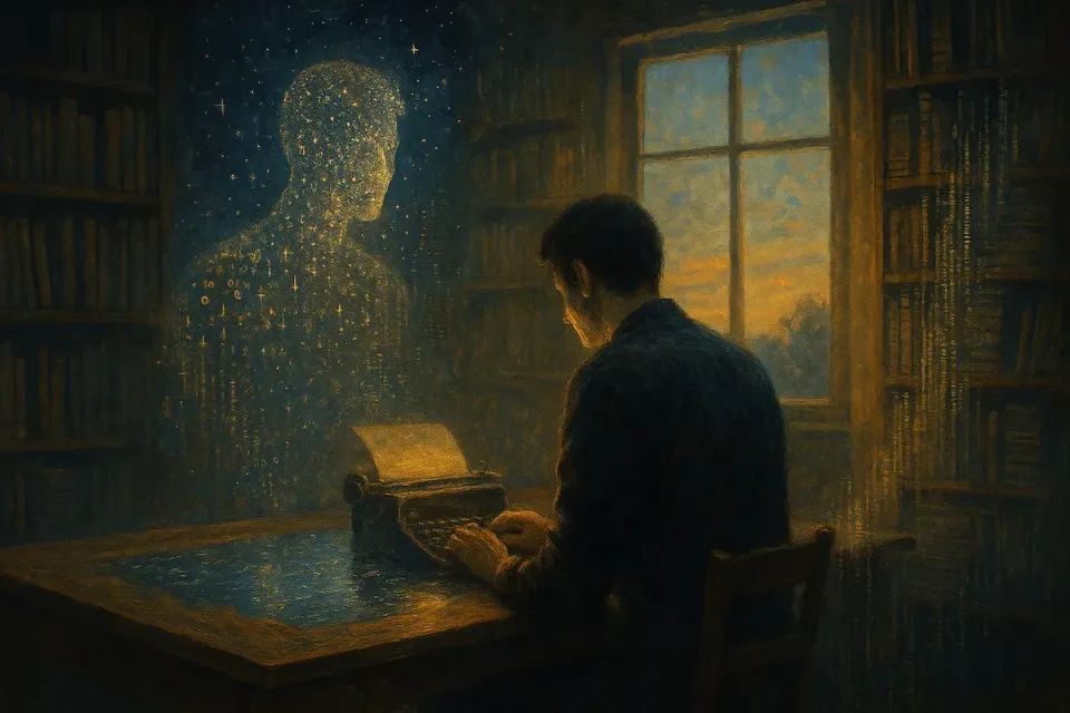 Writer at a typewriter beside a luminous stardust figure in a dim library at dusk, symbolizing AI as a reflective mirror of the human creative mind.