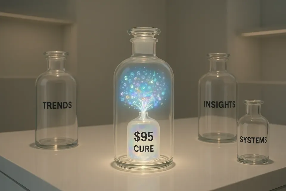 Glowing bottle labeled "$95 Cure" sits between empty glass jars marked Trends, Insights, and Systems, symbolizing manufactured fear and sold solutions