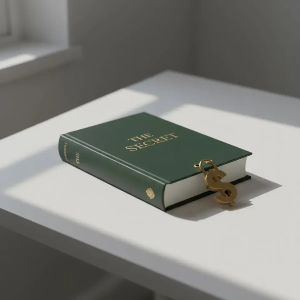 Green leather book titled "The Secret" on a white table, sealed with a gold dollar-sign lock, symbolizing knowledge gated behind monetization