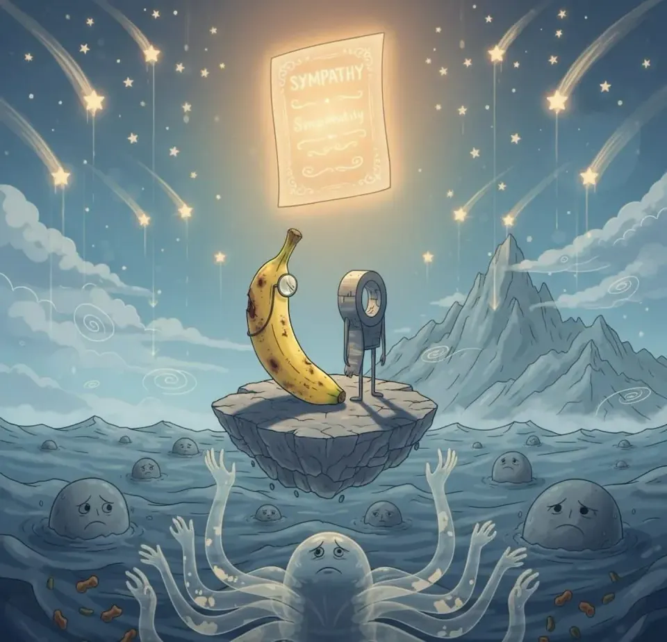 Whimsical illustration of a bruised banana and tape roll on a floating rock under a glowing sympathy card, with sad faces in the water below