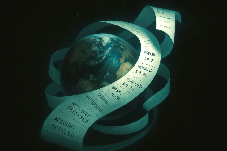 Earth floating in space wrapped in a spiraling receipt listing breath, memories, time lost, and dreams, ending with account settled 
