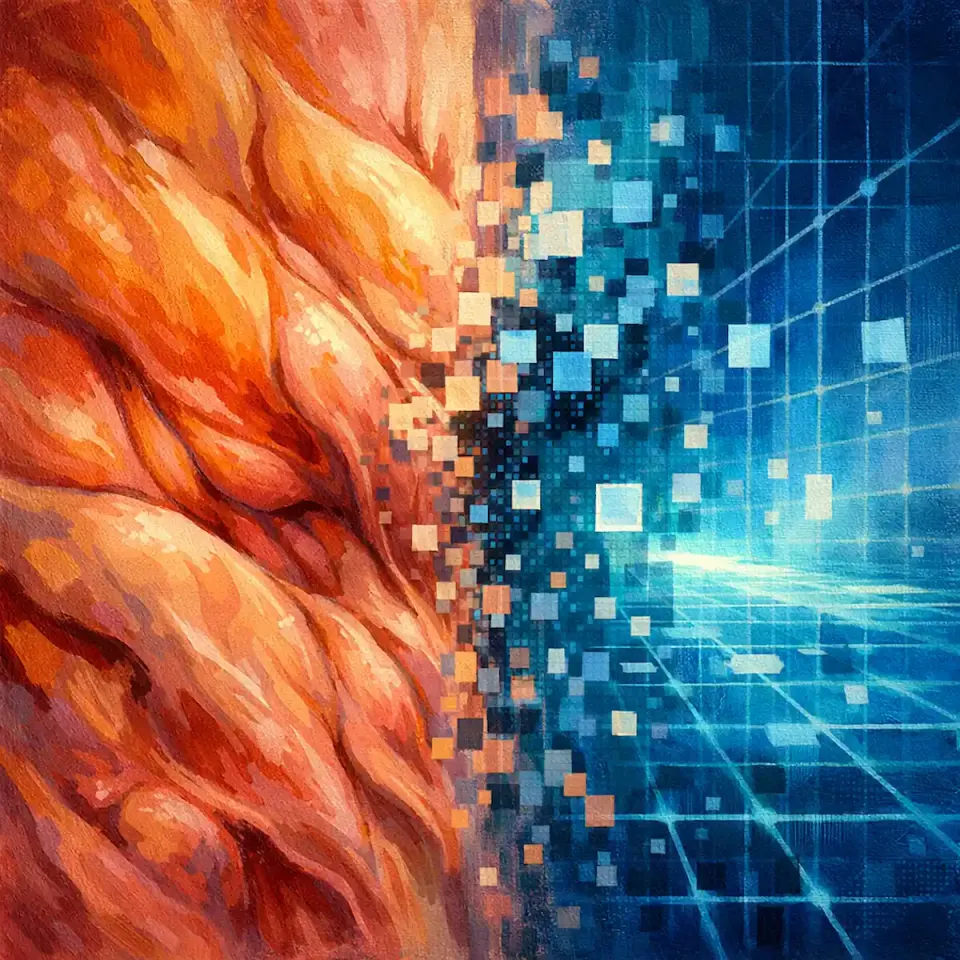 Painterly image of orange tissue dissolving into blue digital pixels on a grid, symbolizing AI's translation of histology into computational data.