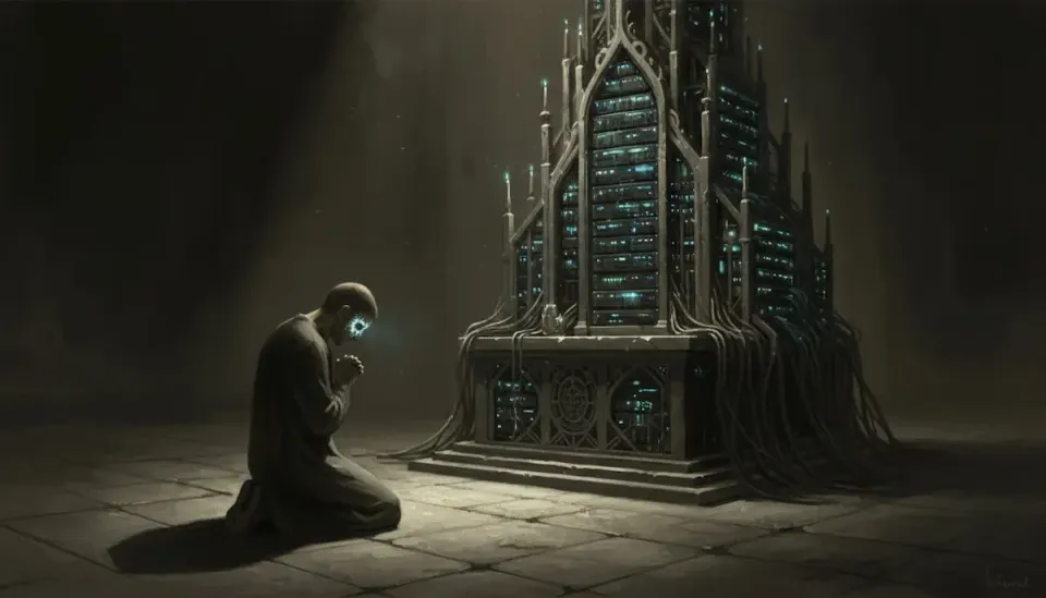 Kneeling figure with a glowing third eye praying before a gothic server-rack altar, symbolizing human projection of consciousness and worship onto AI systems.