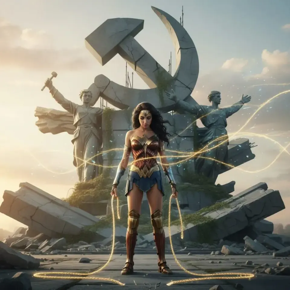 Armored warrior heroine with golden lasso standing before crumbling hammer and sickle monument with broken classical statues at dawn 