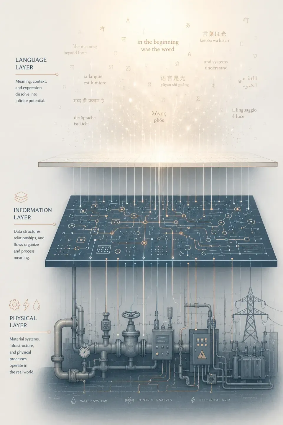 Diagram of three stacked layers — language, information, and physical infrastructure — showing what artificial intelligence actually is beneath the surface. 