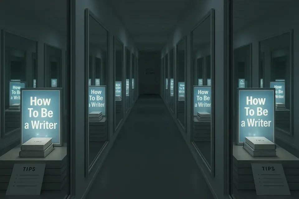 Endless mirrored hallway reflecting "How To Be a Writer" posters and tip stacks, with a faint "Actual Writing" door at the far end 