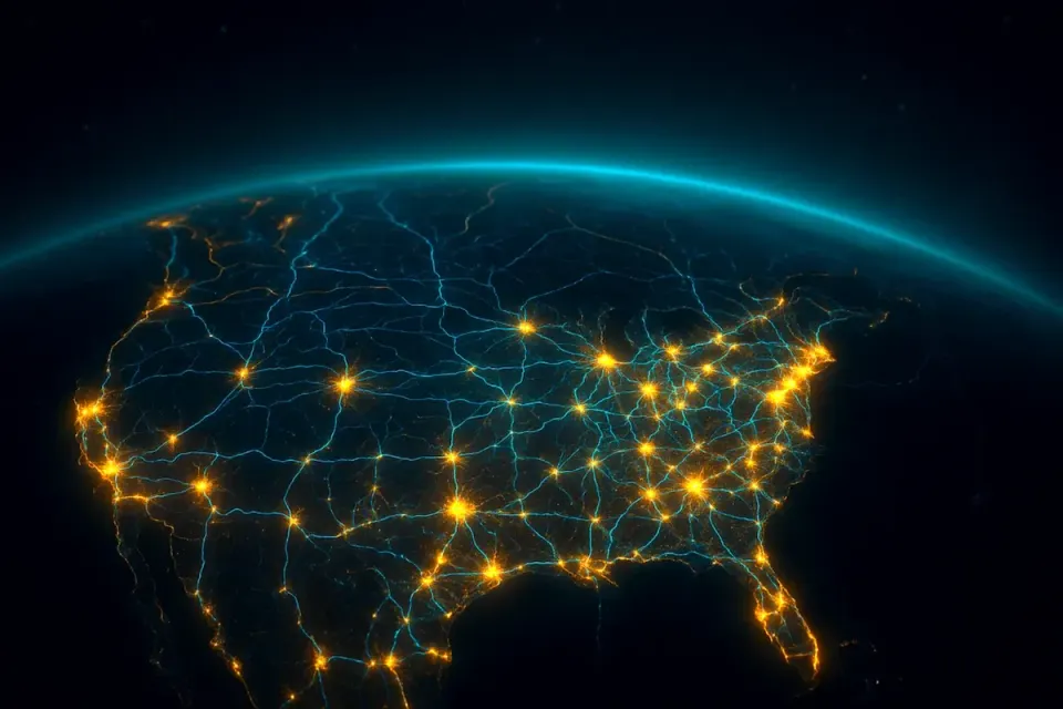 North America at night glowing with golden city lights and blue neural pathways viewed from orbit, symbolizing AI-driven planetary infrastructure as a thinking system.