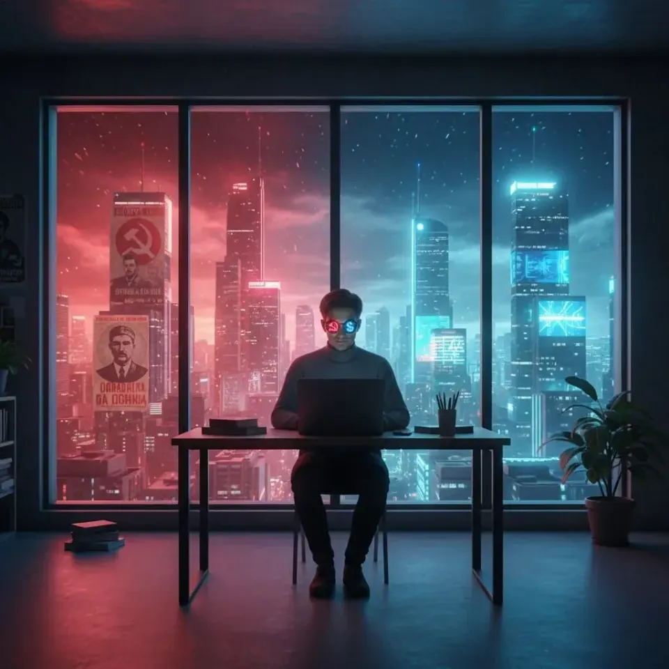 Writer at laptop with glowing red and blue eyes facing window split between propaganda-lit and neon AI cityscapes, symbolizing divided consciousness