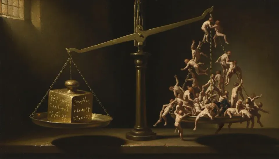 Oil painting of a brass balance scale with a gold cube inscribed with mathematical equations on one pan and a tangled mass of small nude human figures on the other