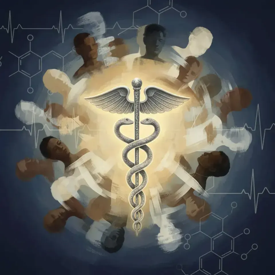 Painterly illustration of a glowing silver caduceus encircled by stylized human figures over a dark blue background with EKG line and molecular diagrams