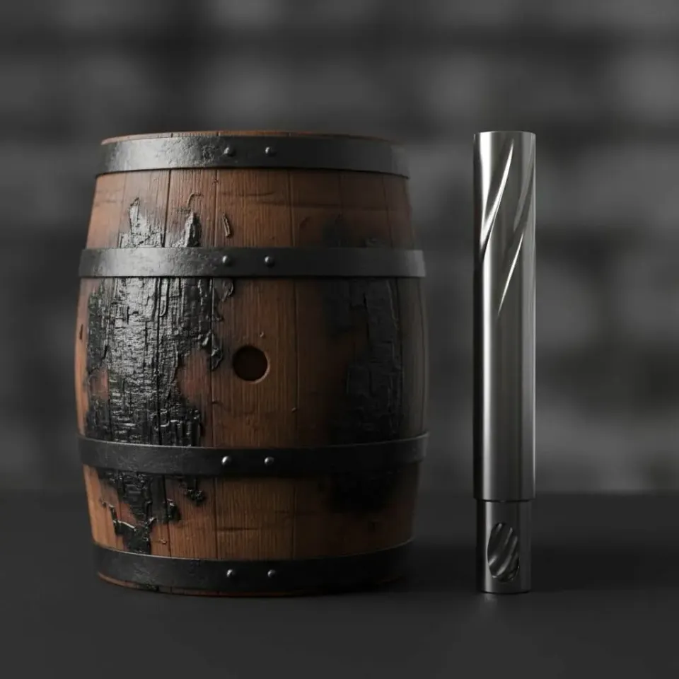 Charred wooden oak barrel with black metal bands and a bung hole beside an upright polished steel cylinder on a dark surface against a blurred gray background 