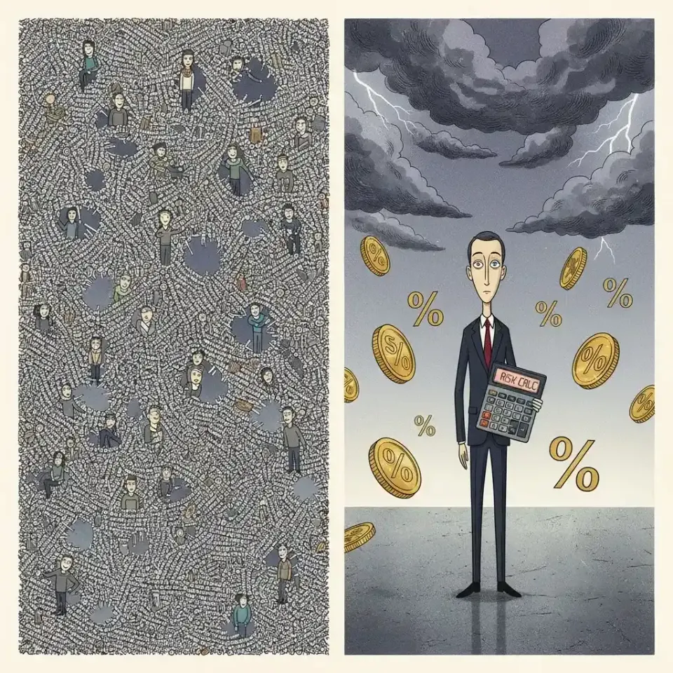 Diptych: dense field of tiny stylized human figures on textured background, beside a man in a suit holding a calculator under storm clouds with percent-sign coins