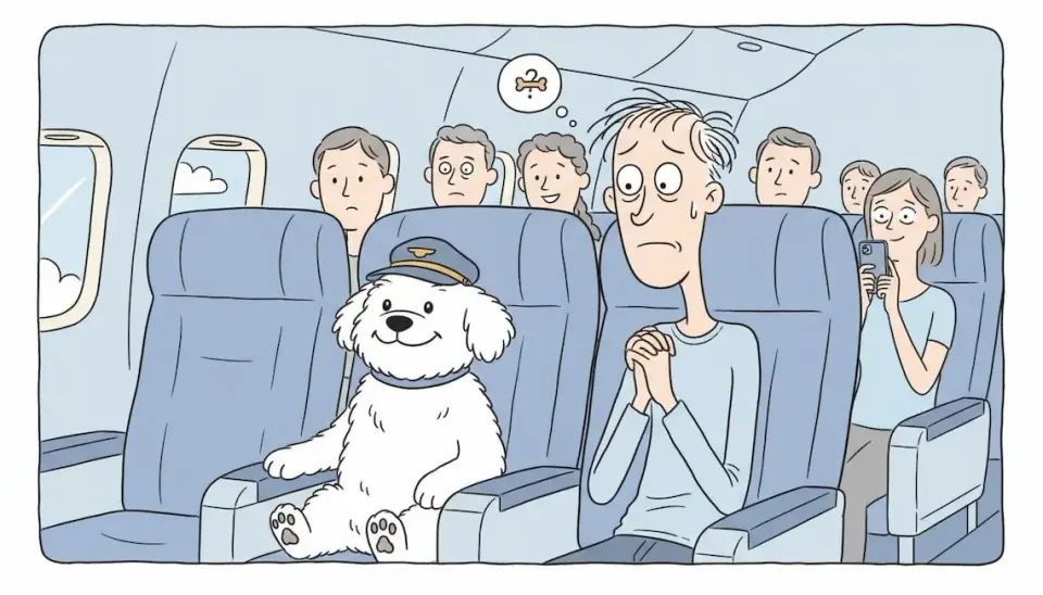 Cartoon of a small white fluffy dog in a pilot's cap seated next to an anxious man clasping his hands inside an airplane cabin with other passengers watching