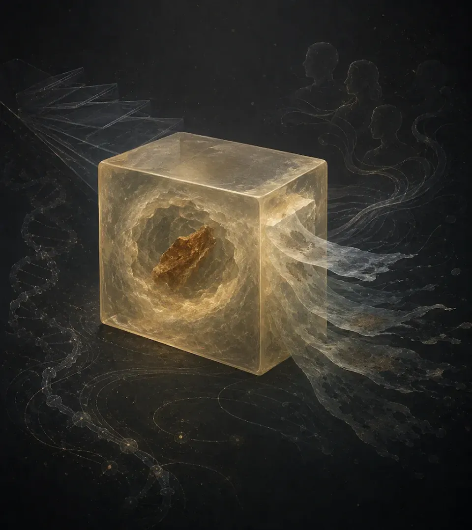 Glowing translucent amber cube on dark background, brown fragment at its core, thin sheets fanning left and wispy ribbons streaming toward ghostly human profiles 