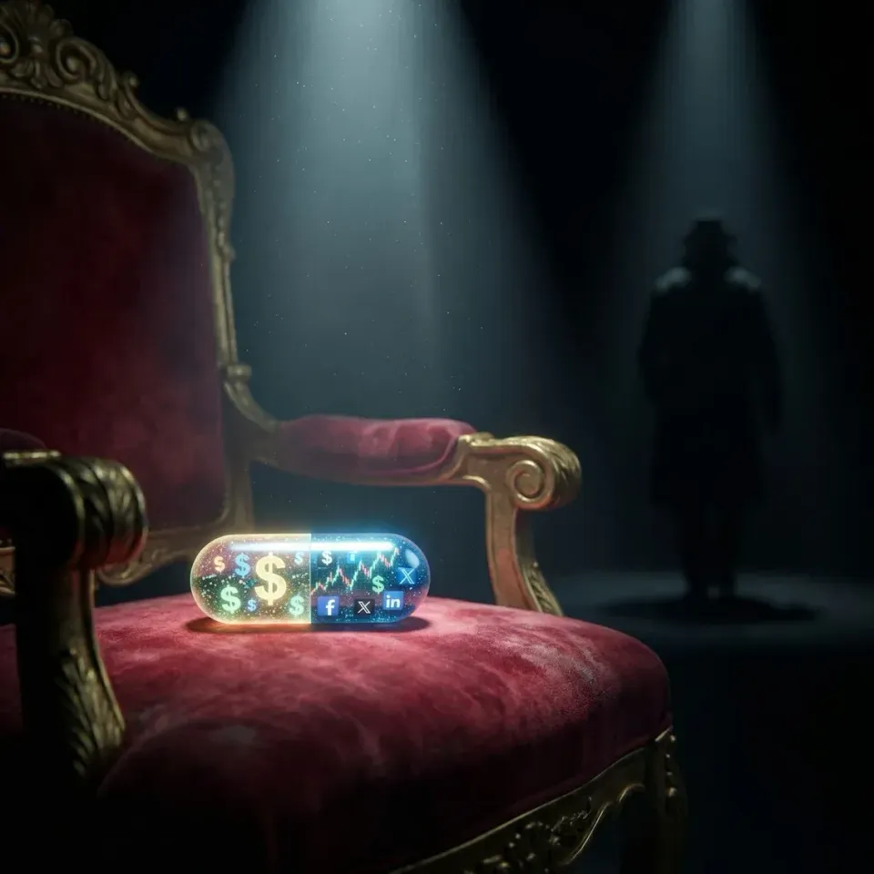 Glowing translucent capsule with dollar signs and social media icons resting on a red velvet armchair with gilded frame, hatted silhouette in spotlight beyond