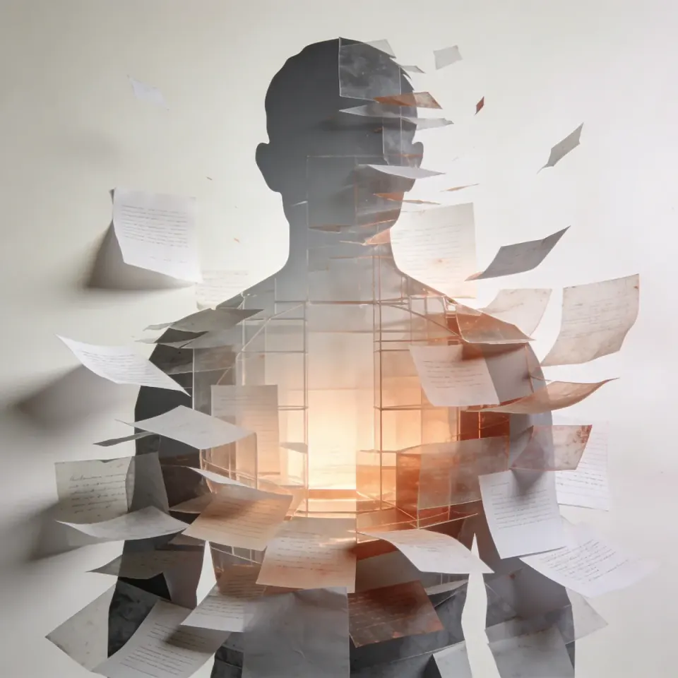 Human silhouette made of scattered handwritten and printed pages peeling away, with warm glowing light at the chest, against a pale background