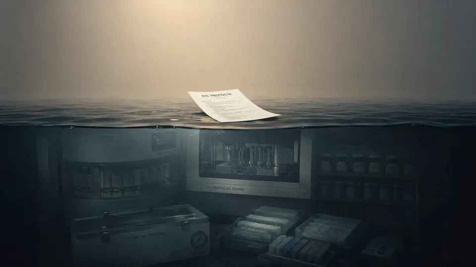 Sheet of paper labeled IHC Protocol floating on calm water, with lab equipment, an automated IHC stainer, reagent shelves and slide trays, submerged below 
