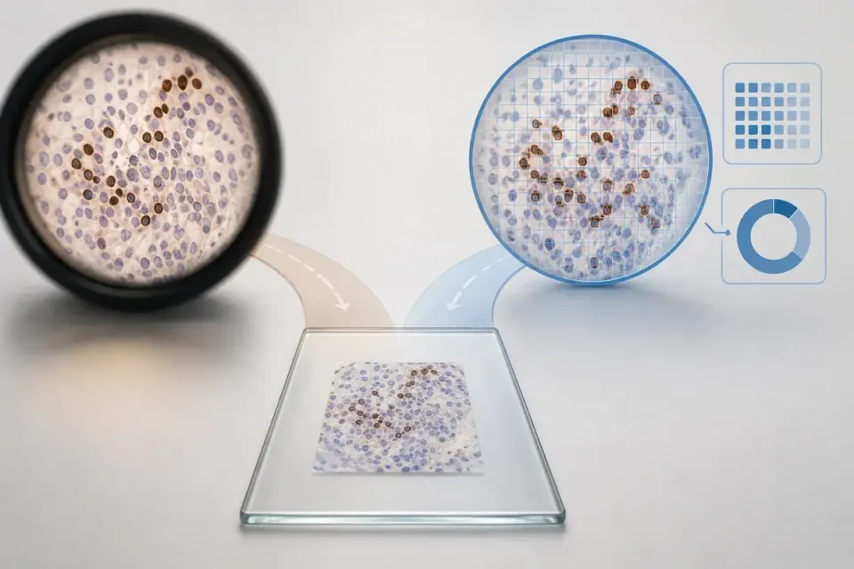 IHC tissue slide with blue and brown stained cells, dashed arrows to a microscope eyepiece view at left and a grid-overlaid magnified view with chart icons at right 