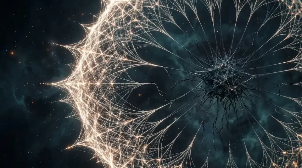 Vast web of fine luminous threads radiating outward across a dark cosmic field, with a bright radial burst at left and a darker tangled core at right