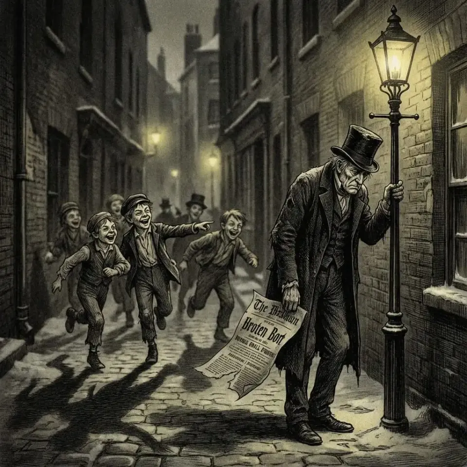 Stooped old man in a top hat holds a newspaper and grips a lit gas lamp post on a cobbled Victorian street as a group of ragged boys run past laughing.