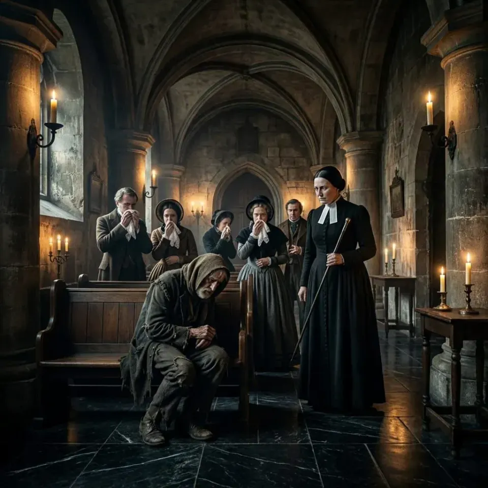 Ragged old man in a hooded shawl sits hunched in a candlelit stone chamber as congregation dab their faces and a stern woman in black clerical dress stands by. 
