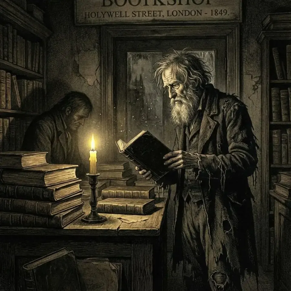 Gaunt old man with long white hair and tattered clothes reads a black book by candlelight in a cluttered bookshop, with a hunched figure behind in shadow.