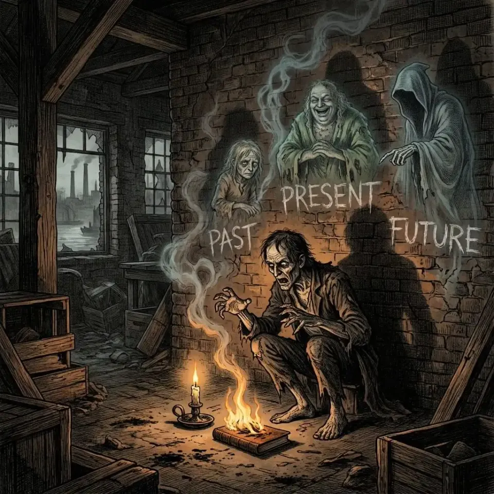 Gaunt ragged man crouches and shouts in a derelict brick room as three ghostly figures hover on a wall labeled PAST, PRESENT, and FUTURE above a burning book.