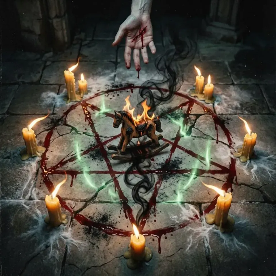 Overhead view of a stone floor with a red pentagram, seven lit candles around it, a burning wooden rocking horse at center, and a bleeding hand reaching down.