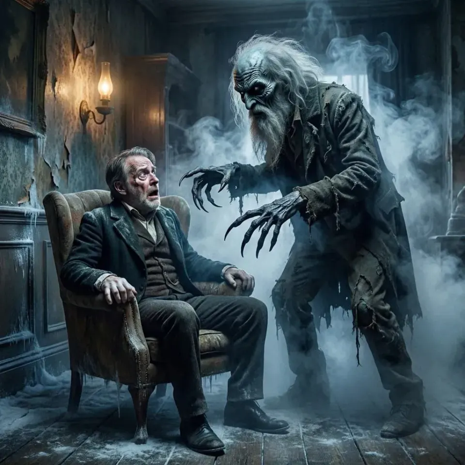 Wide-eyed man in a Victorian suit sits frozen in an armchair as a tall gaunt creature with white hair and black claws looms over him in a frosted room.