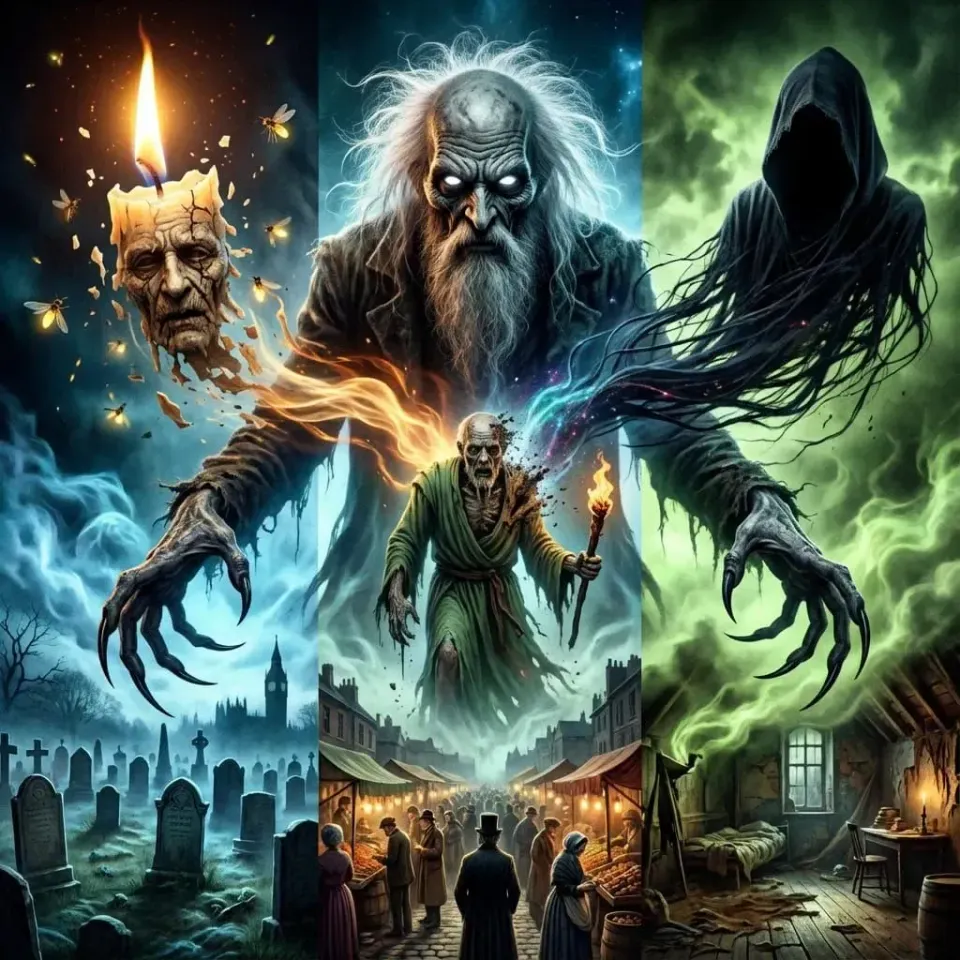 Triptych of dark Victorian scenes: a melting candle shaped like a face above a graveyard, a wild-haired figure over a market, and a hooded specter in an attic. 