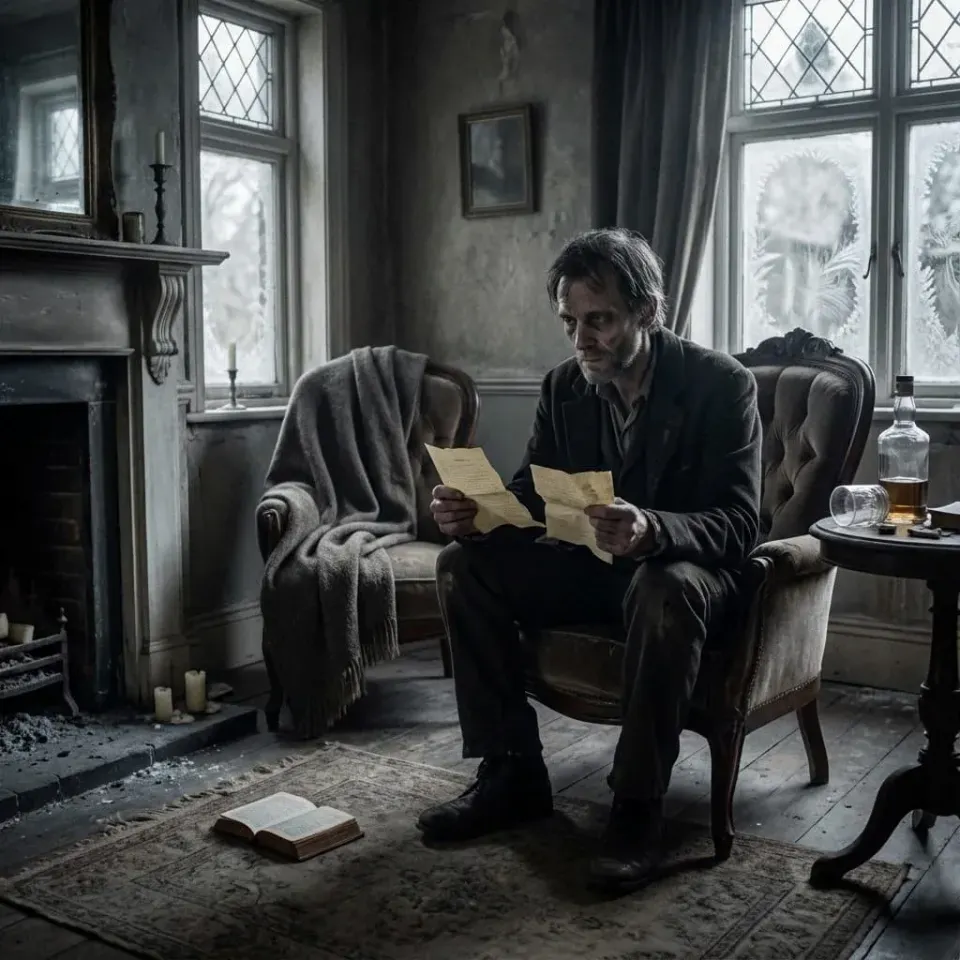 Disheveled man in Victorian clothes sits in an armchair reading torn pages in a cold dim room with frosted windows, fireplace, empty chair, and whisky bottle.