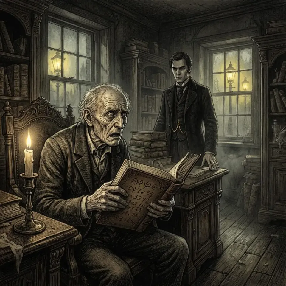 Elderly man in a dim Victorian study holds an open book of numbers, looking shocked, as a stern younger man in a suit stands behind him by candlelight.