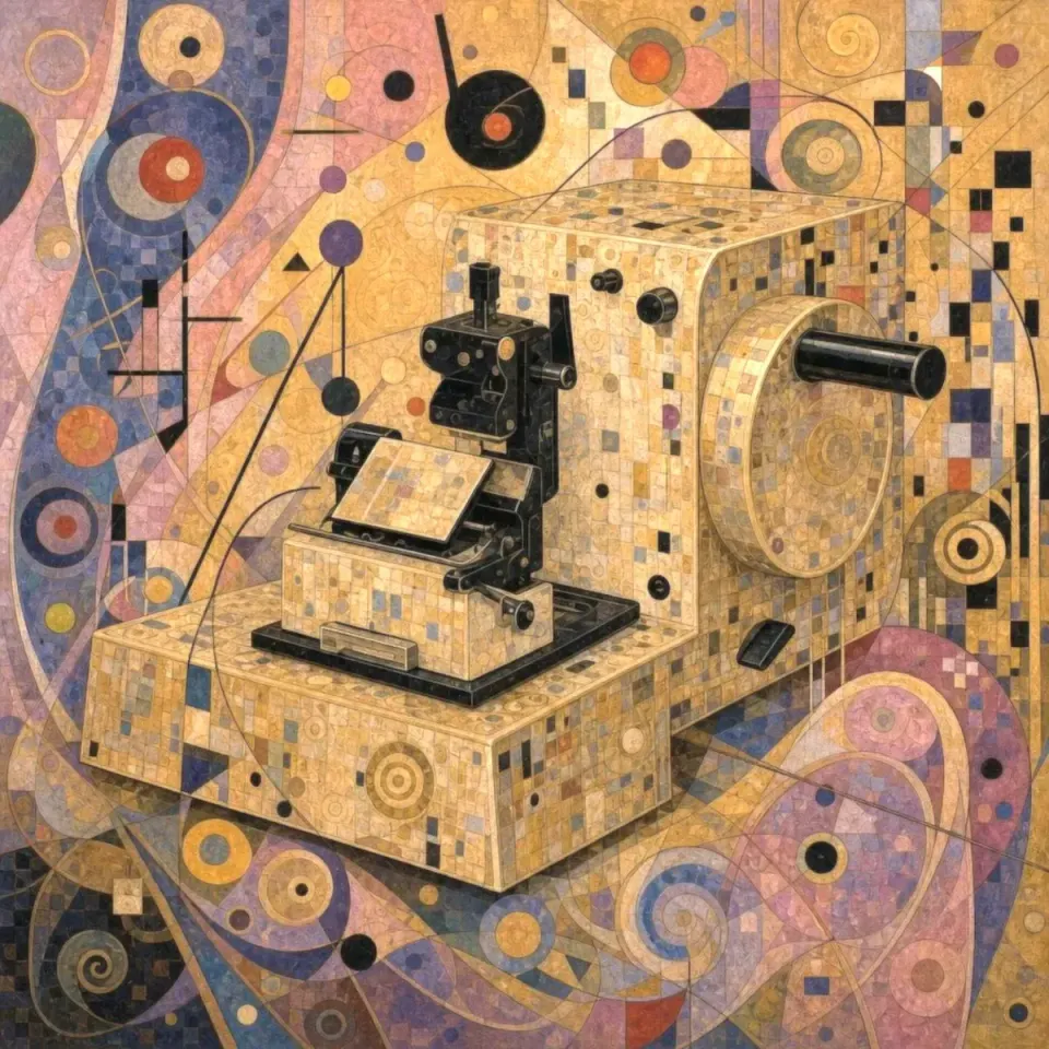 Ornate gold-mosaic painting of a rotary microtome with a large circular hand wheel and black blade holder, set against swirling pink and blue Art Nouveau patterns 