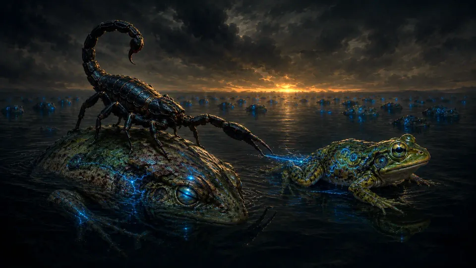 A black scorpion stings a circuit-veined frog beside a second waiting frog, while many more glow on a dark sunset river, illustrating a rider that never drowns.