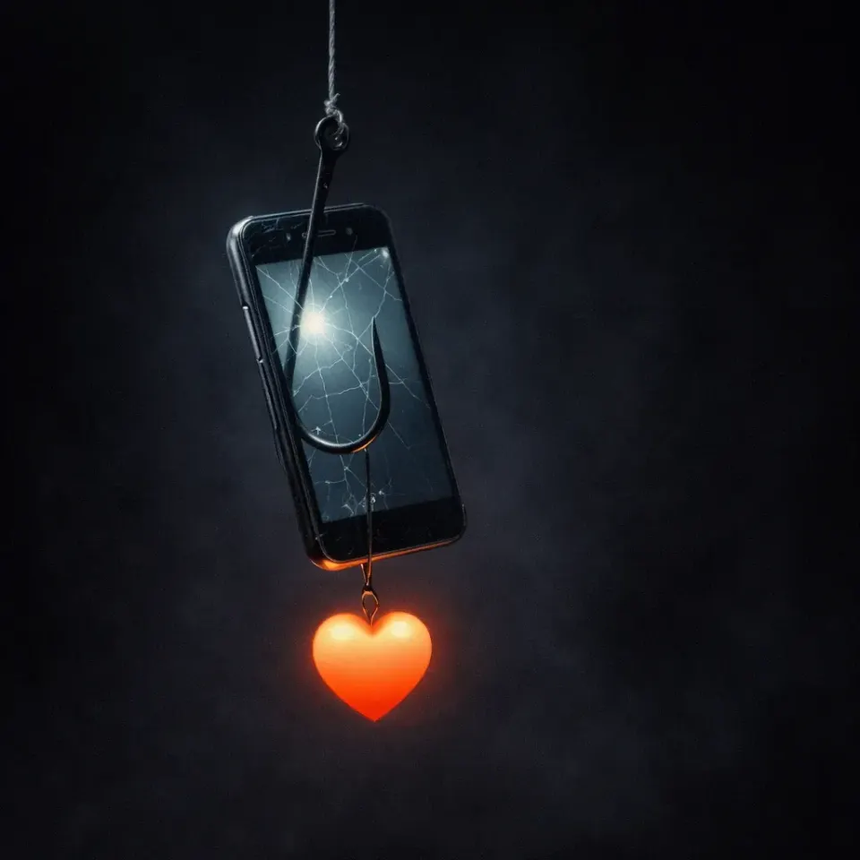 Black smartphone with a cracked screen pierced by a fishing hook on a string, glowing orange heart-shaped lure dangling beneath, against a dark smoky background