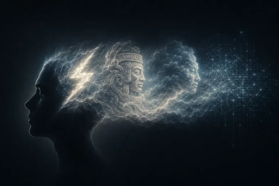 Human profile silhouette dissolving into lightning, an ancient stone deity, a cloud face, and a digital network, illustrating agency detection across history.