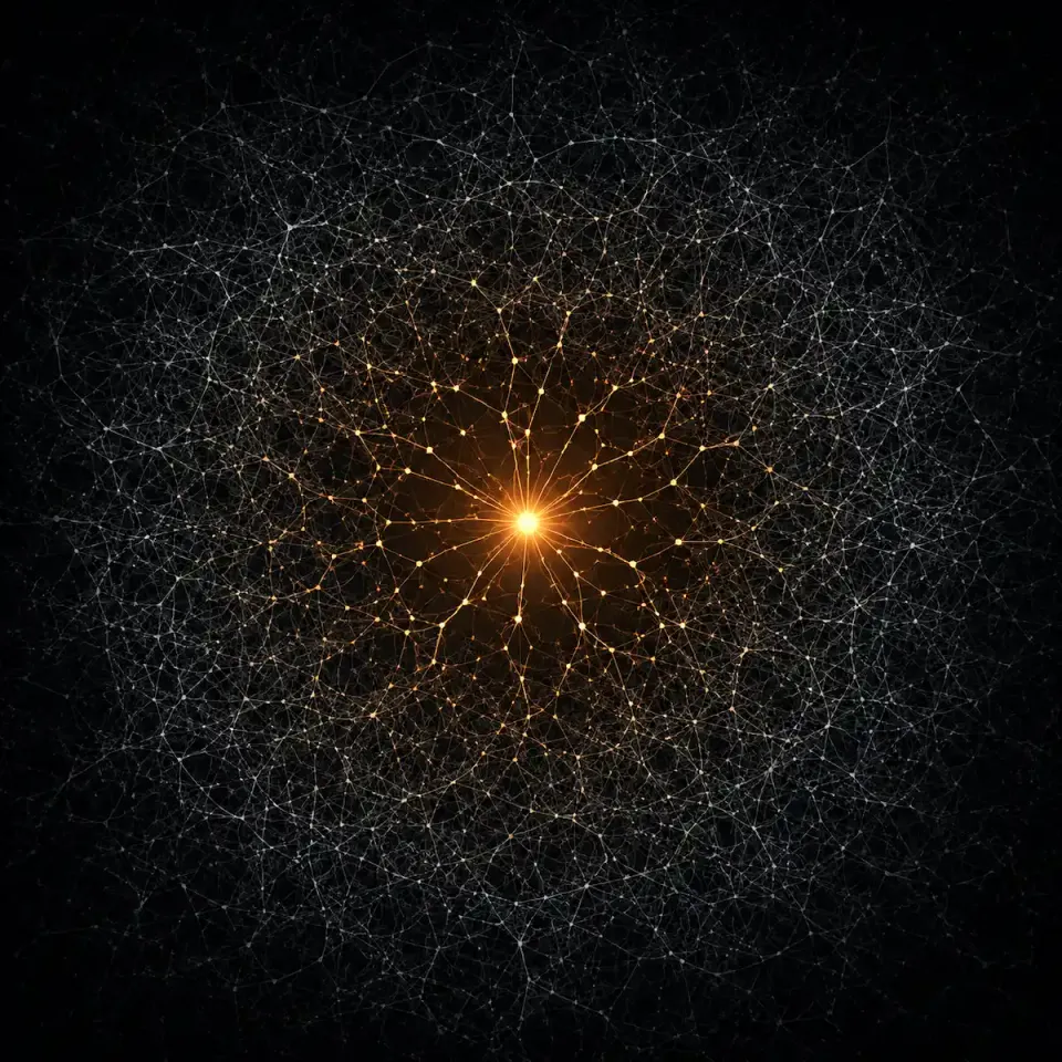 Glowing orange point of light at the center of a vast web of pale interconnected nodes and thin filaments fading into darkness against a black background