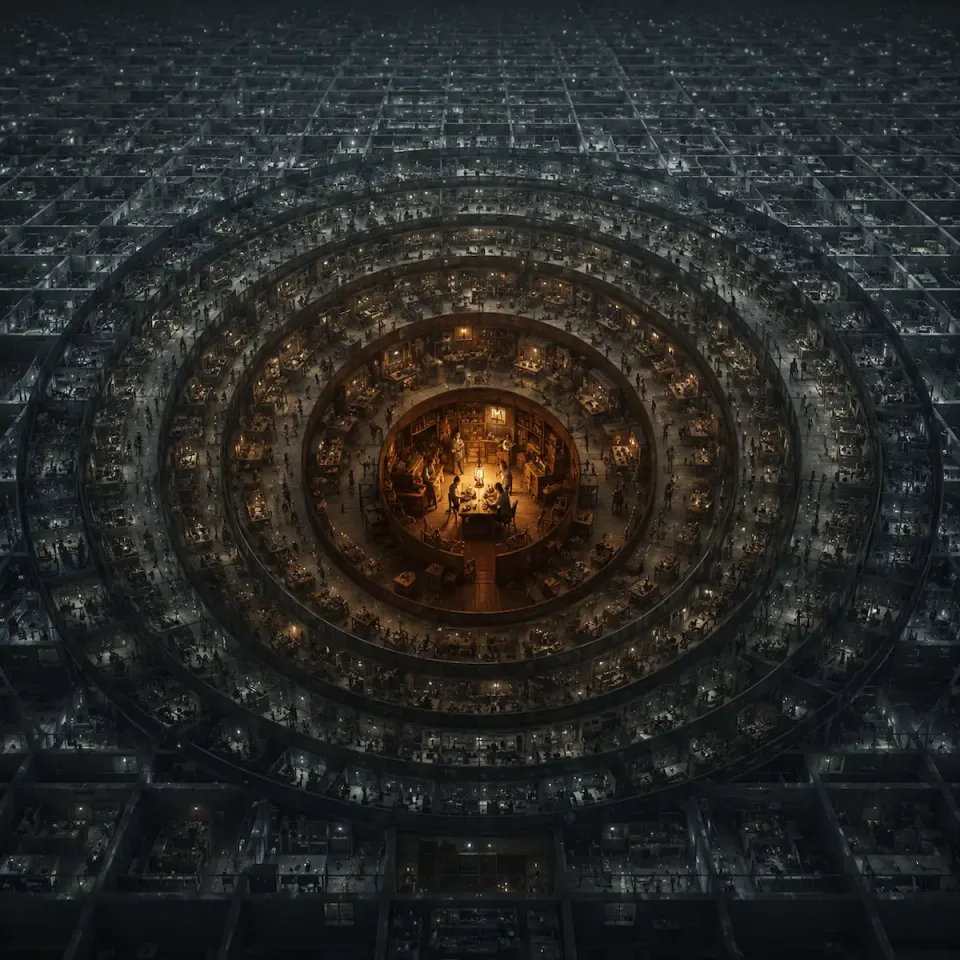 Aerial view of a glowing wooden workshop where people gather around a lamp, ringed by ever larger, colder, gridded floors of cubicles fading into darkness