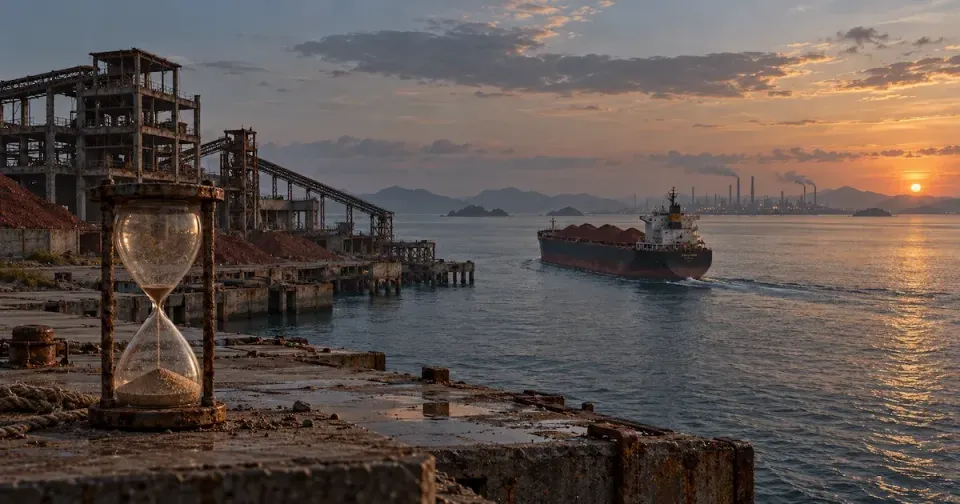 Rusted hourglass on a weathered concrete pier beside an abandoned ore plant, as a bulk carrier loaded with red ore sails toward a smoky industrial coast at sunset