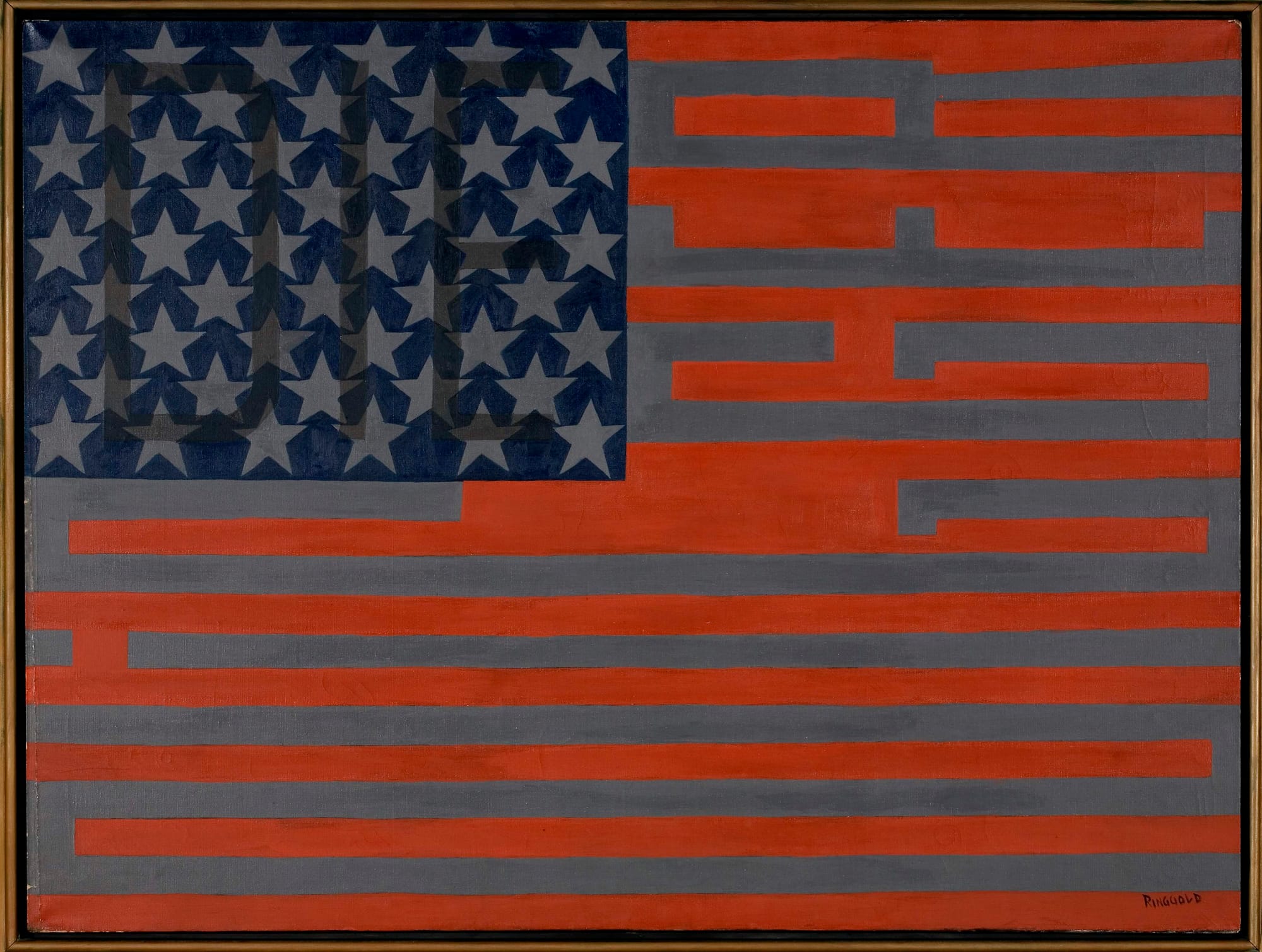 An image of a painting of the US flag with muted red, blue, and gray colors