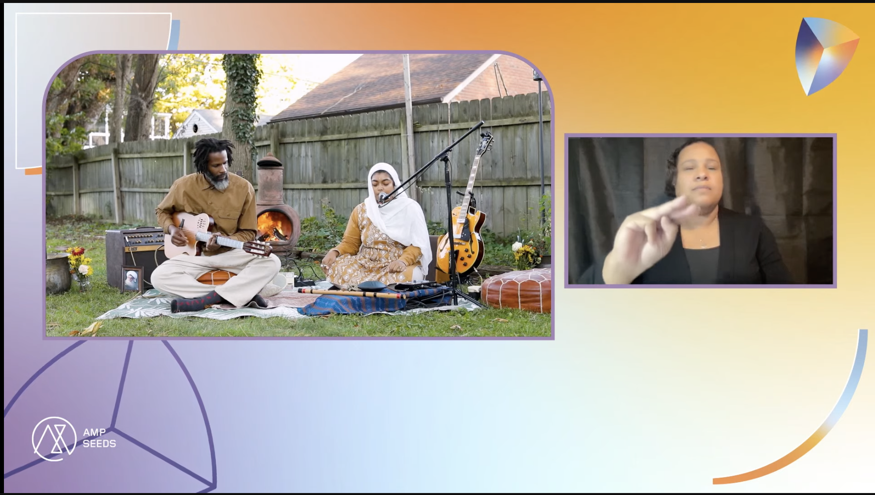 On-a-purple-and-orange-backdrop,-there-are-two-squares.-In-one,-two-performers,-perform-outdoors.