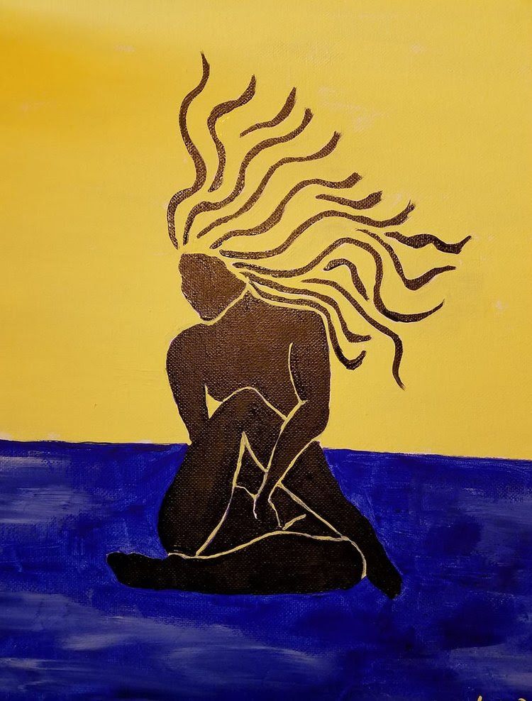 Yellow-blue-and-black-image-of-a-woman-sitting-down