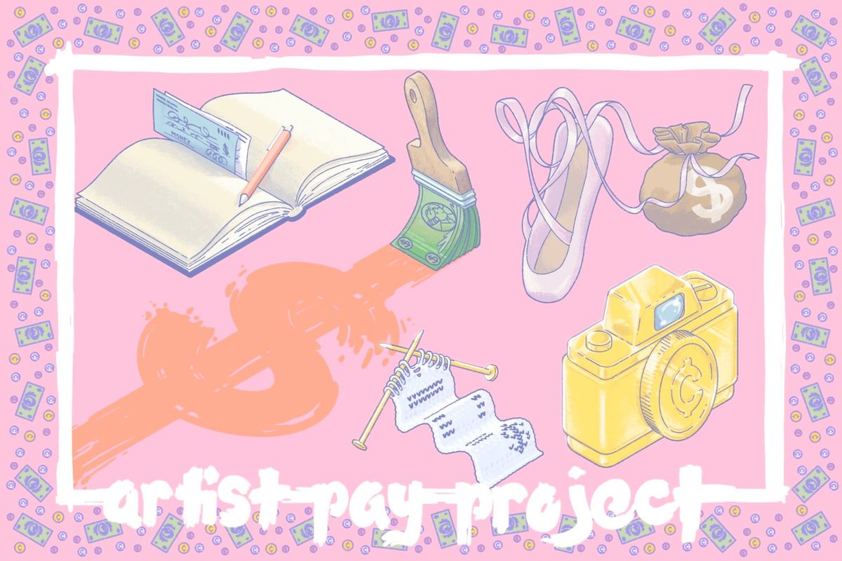 A few collaged images include a yellow camera, ballet slipper, and money bag