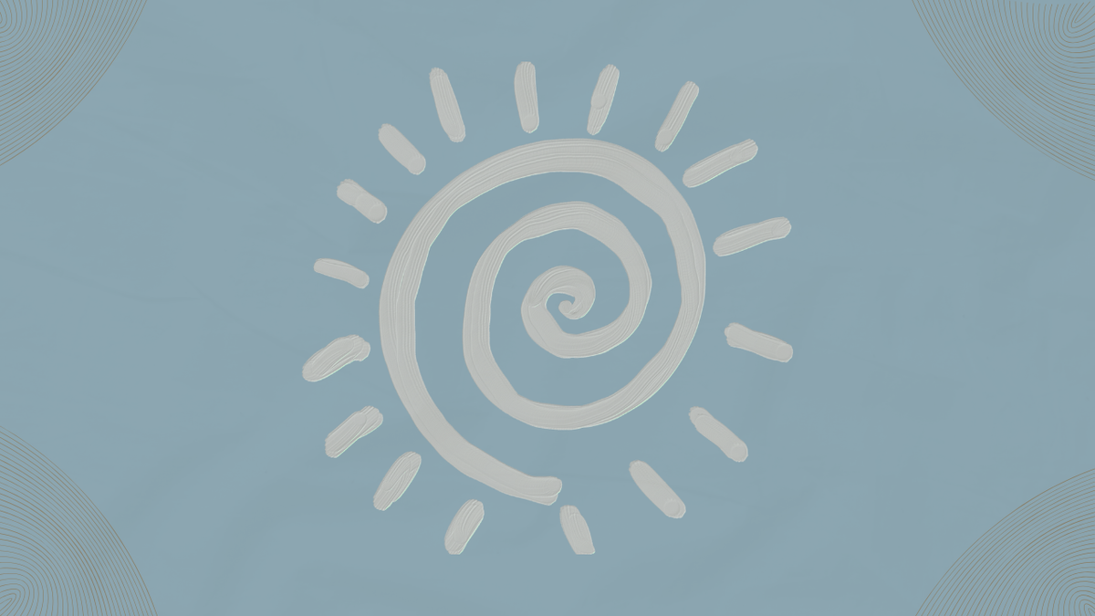 A spiraly sun over a gray/blue backgroun