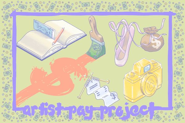 Graphic illustration depicting, a ballet shoe, woven receipt, and other items on a green background