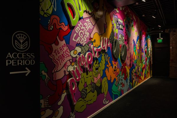 A colorful, collaged image of mostly pinks and greens with animated characters